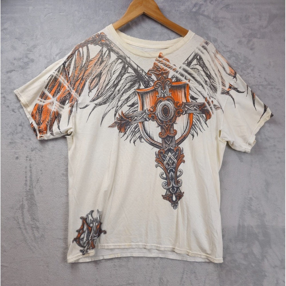 Y2K MMA Elite Shirt Men Large Off White Graphic Cross Feather Trashed Distressed